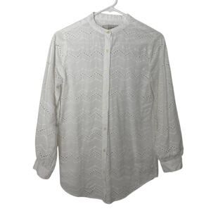 LOFT White Eyelet Zigzag Button-Down Blouse - Long Sleeve, Size XXS